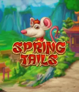 A whimsical illustration of a mouse dressed in traditional Chinese attire standing in a scenic landscape with mountains. The image promotes the Spring Tails game by Betsoft, highlighted with striking red and gold logo lettering.