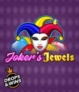 Enjoy the vibrant ambiance of the Joker's Jewels game by Pragmatic Play, showcasing a mesmerizing joker's mask decorated with a brightly colored jester hat. This graphic conveys the light-hearted fun of traditional joker games, set against a deep purple background. Ideal for those who love classic slot games, delivering a entertaining play experience. 