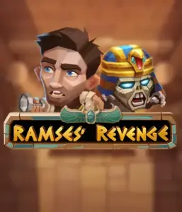 Explore the ancient world of the Ramses' Revenge game by Relax Gaming, featuring a frightened explorer and a fierce mummy set against an Egyptian tomb backdrop. This image depicts the adventure of ancient Egyptian myths, great for adventure seekers, providing a thrilling escape. 